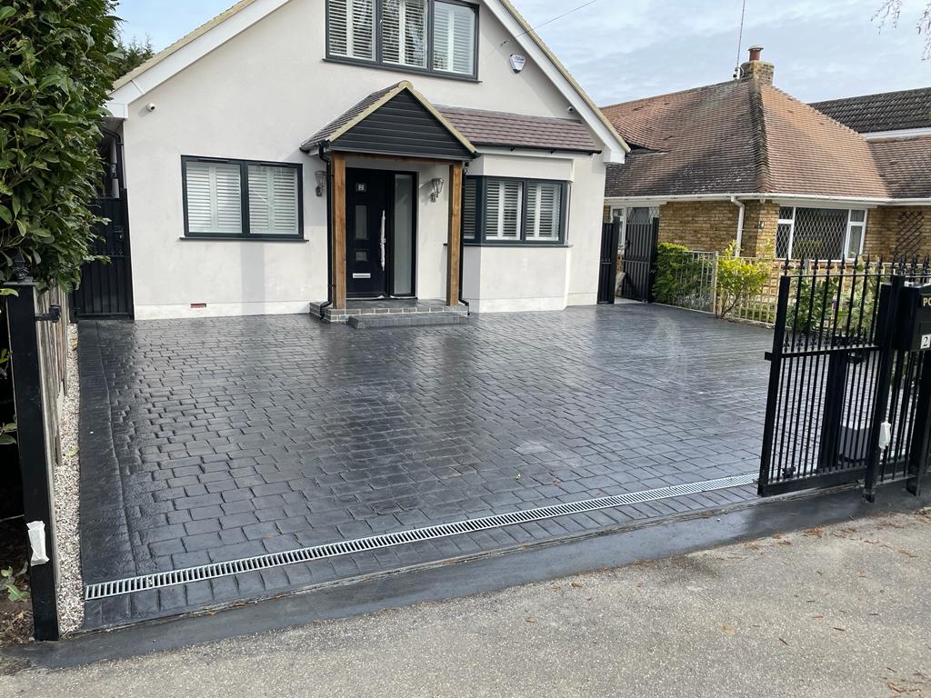 Imprinted concrete block paving driveway